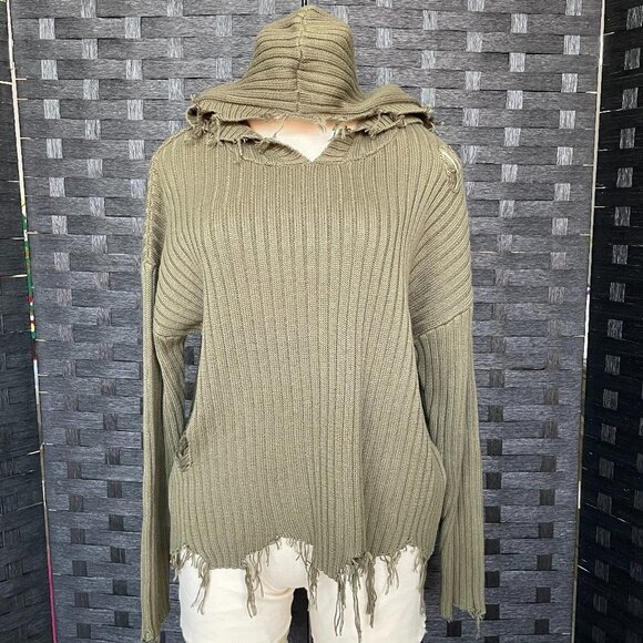 Gilded Intent Women's Distressed Sweater ribbed knit Olive Green size S NWT - Picture 1 of 7